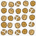 Oatmeal Cookies with Chocolate Crumbs Isolated on White Background Vector Set. Chocolate chip cookies. Cartoon bitten broken sweet Royalty Free Stock Photo